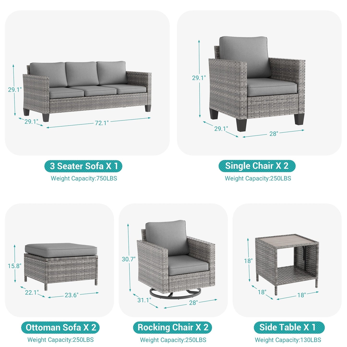 LIVOOSUN Set di 8 sedie a dondolo girevoli da giardino in vimini marrone