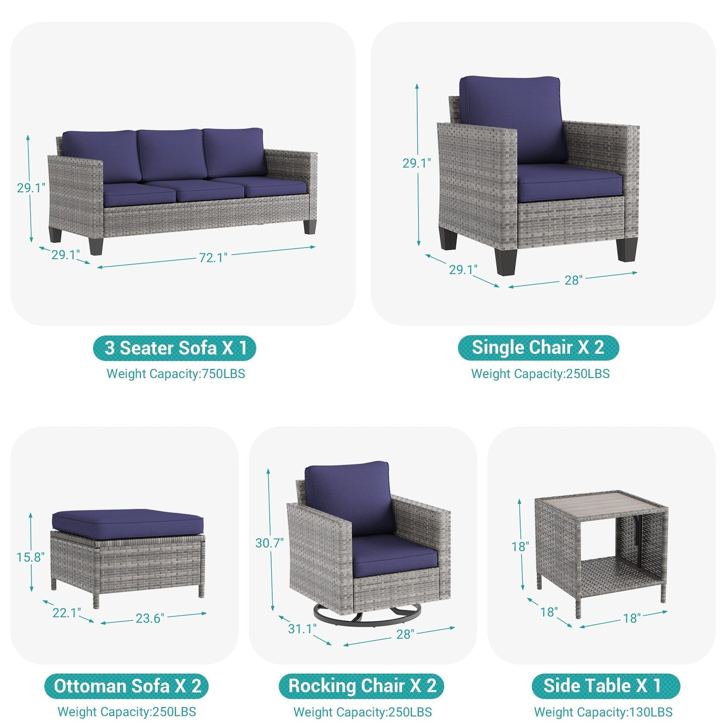 LIVOOSUN Set di 8 sedie a dondolo girevoli da giardino in vimini marrone