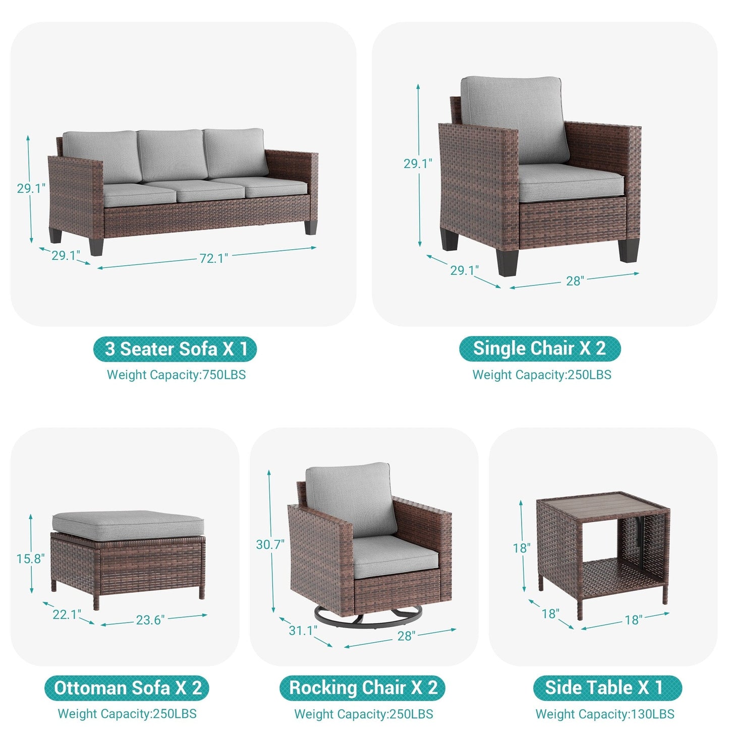 LIVOOSUN Set di 8 sedie a dondolo girevoli da giardino in vimini marrone