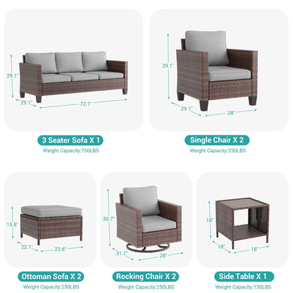 LIVOOSUN Set di 8 sedie a dondolo girevoli da giardino in vimini marrone