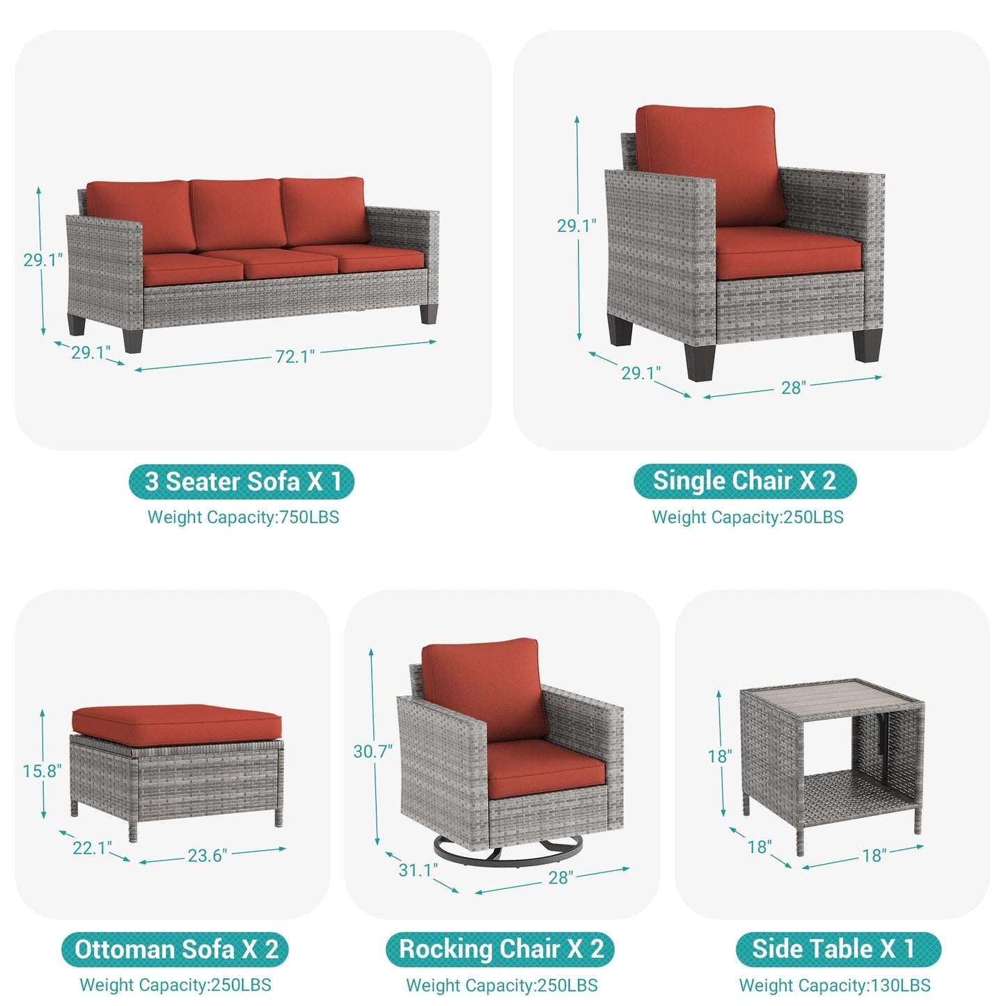 LIVOOSUN Set di 8 sedie a dondolo girevoli da giardino in vimini marrone
