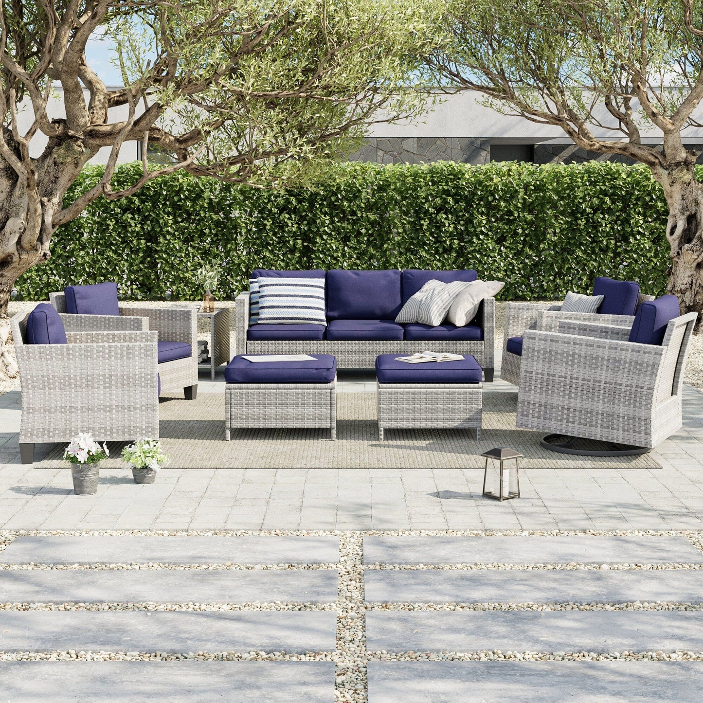 LIVOOSUN Set di 8 sedie a dondolo girevoli da giardino in vimini marrone