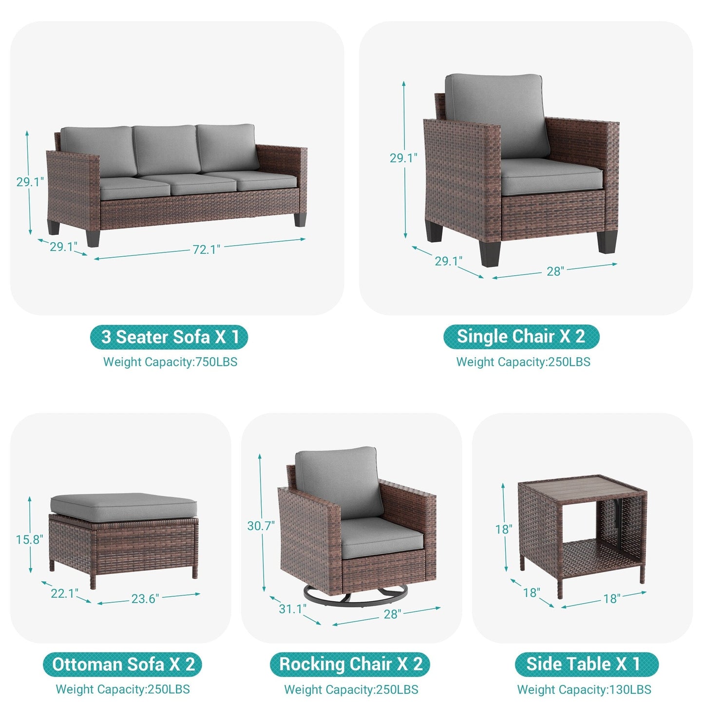 LIVOOSUN Set di 8 sedie a dondolo girevoli da giardino in vimini marrone
