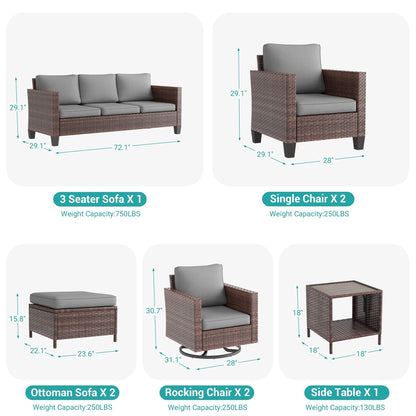 LIVOOSUN Set di 8 sedie a dondolo girevoli da giardino in vimini marrone