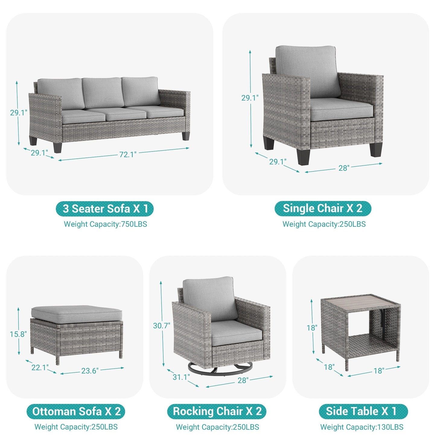 LIVOOSUN Set di 8 sedie a dondolo girevoli da giardino in vimini marrone