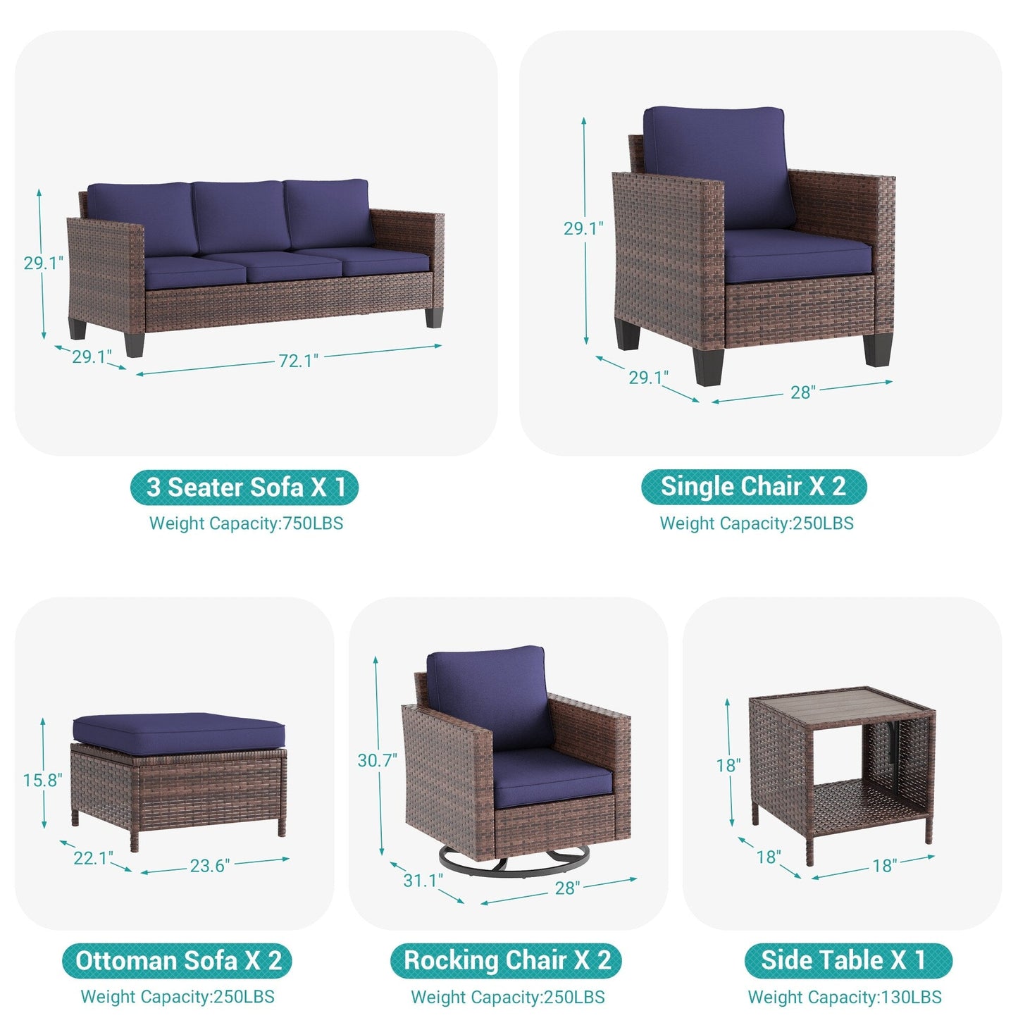 LIVOOSUN Set di 8 sedie a dondolo girevoli da giardino in vimini marrone