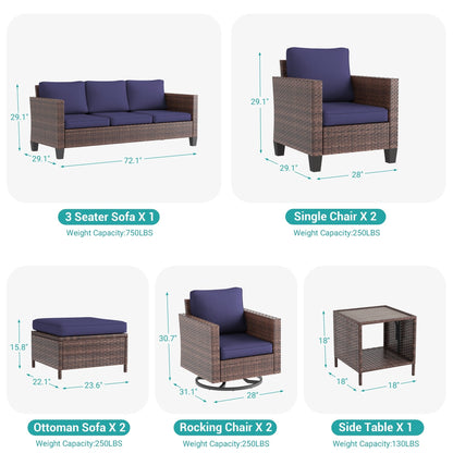 LIVOOSUN Set di 8 sedie a dondolo girevoli da giardino in vimini marrone