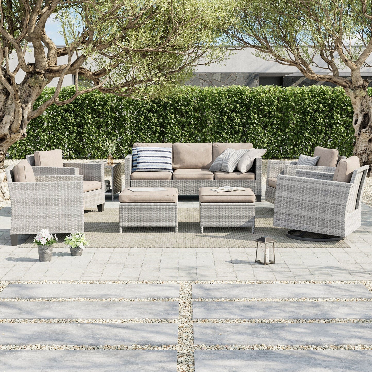 LIVOOSUN Set di 8 sedie a dondolo girevoli da giardino in vimini marrone