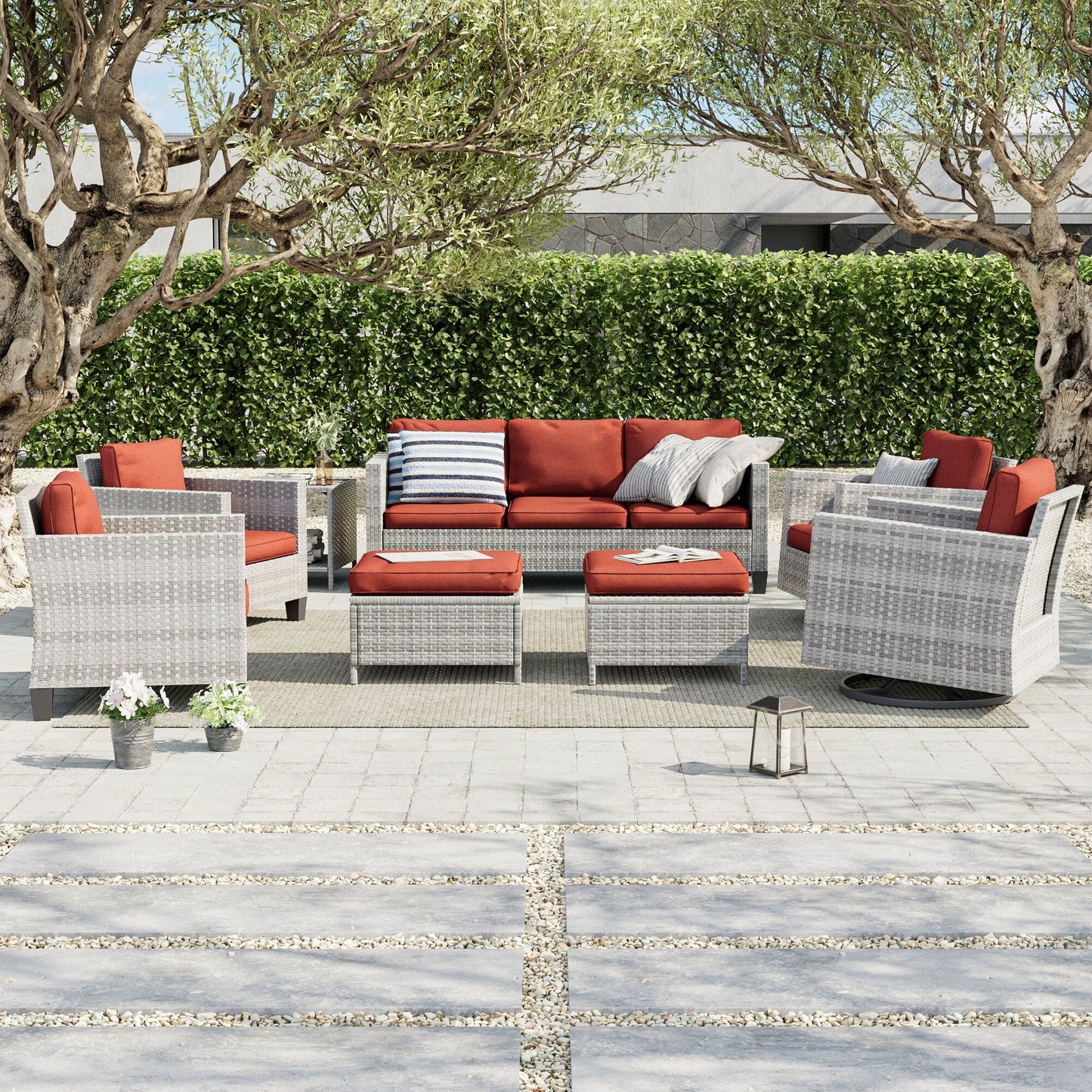 LIVOOSUN Set di 8 sedie a dondolo girevoli da giardino in vimini marrone