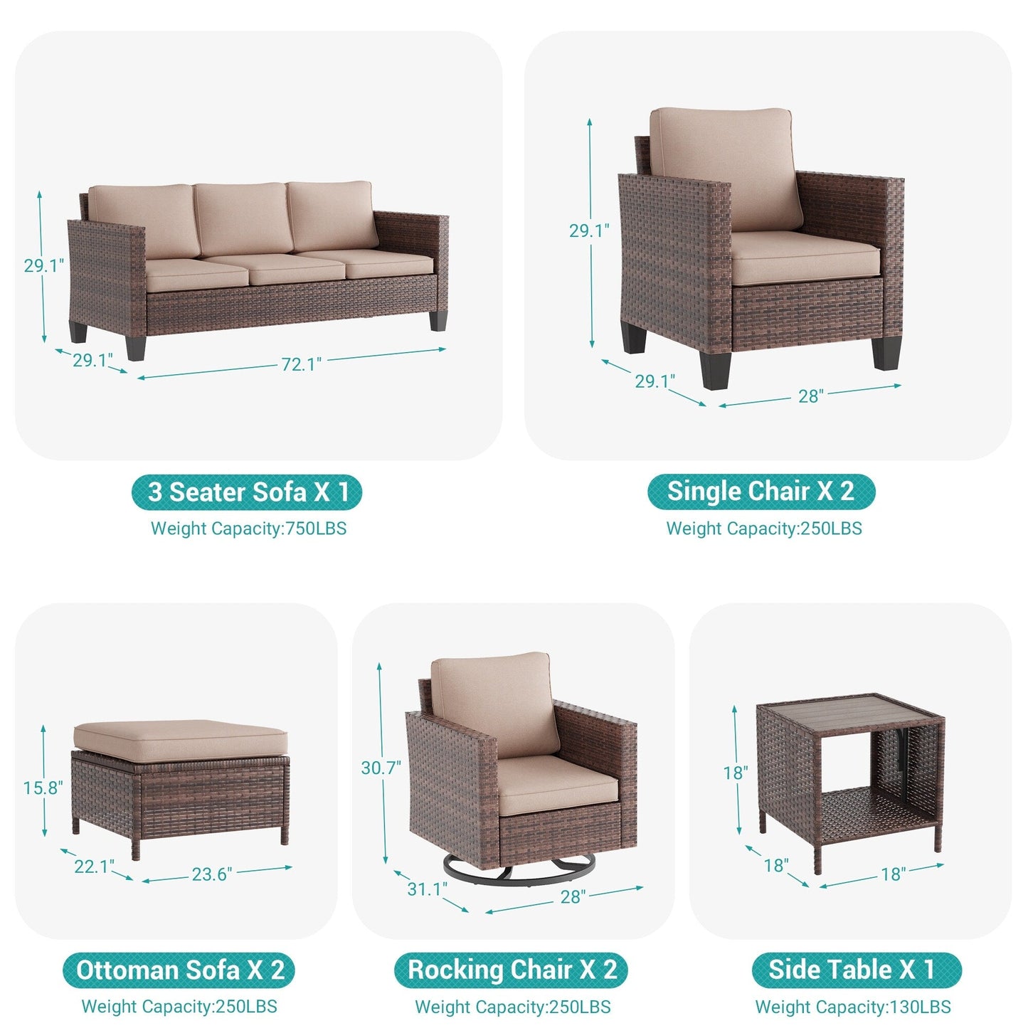 LIVOOSUN Set di 8 sedie a dondolo girevoli da giardino in vimini marrone