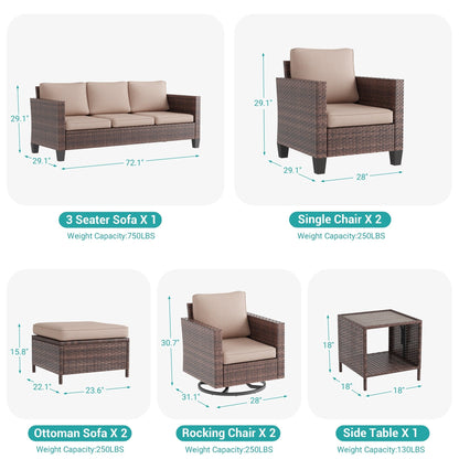 LIVOOSUN Set di 8 sedie a dondolo girevoli da giardino in vimini marrone