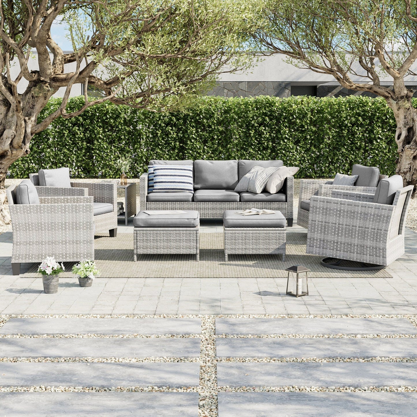 LIVOOSUN Set di 8 sedie a dondolo girevoli da giardino in vimini marrone