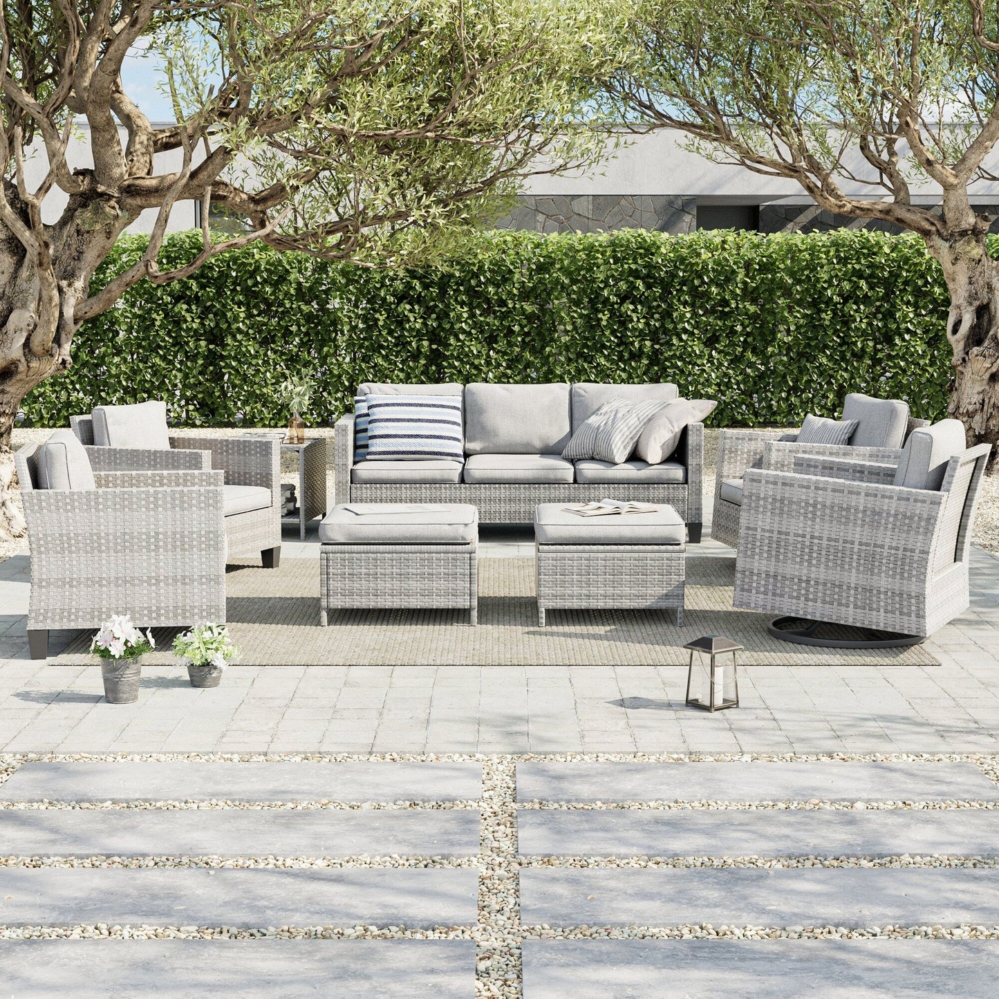 LIVOOSUN Set di 8 sedie a dondolo girevoli da giardino in vimini marrone