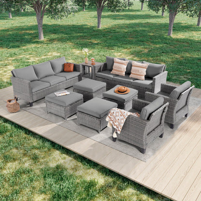 LIVOOSUN Set di 9 divani da giardino in vimini grigio PE con tavolo e pouf per mobili da esterno