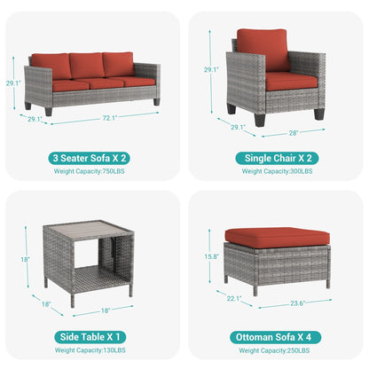 LIVOOSUN Set di 9 divani da giardino in vimini grigio PE con tavolo e pouf per mobili da esterno