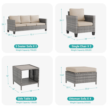 LIVOOSUN Set di 9 divani da giardino in vimini grigio PE con tavolo e pouf per mobili da esterno