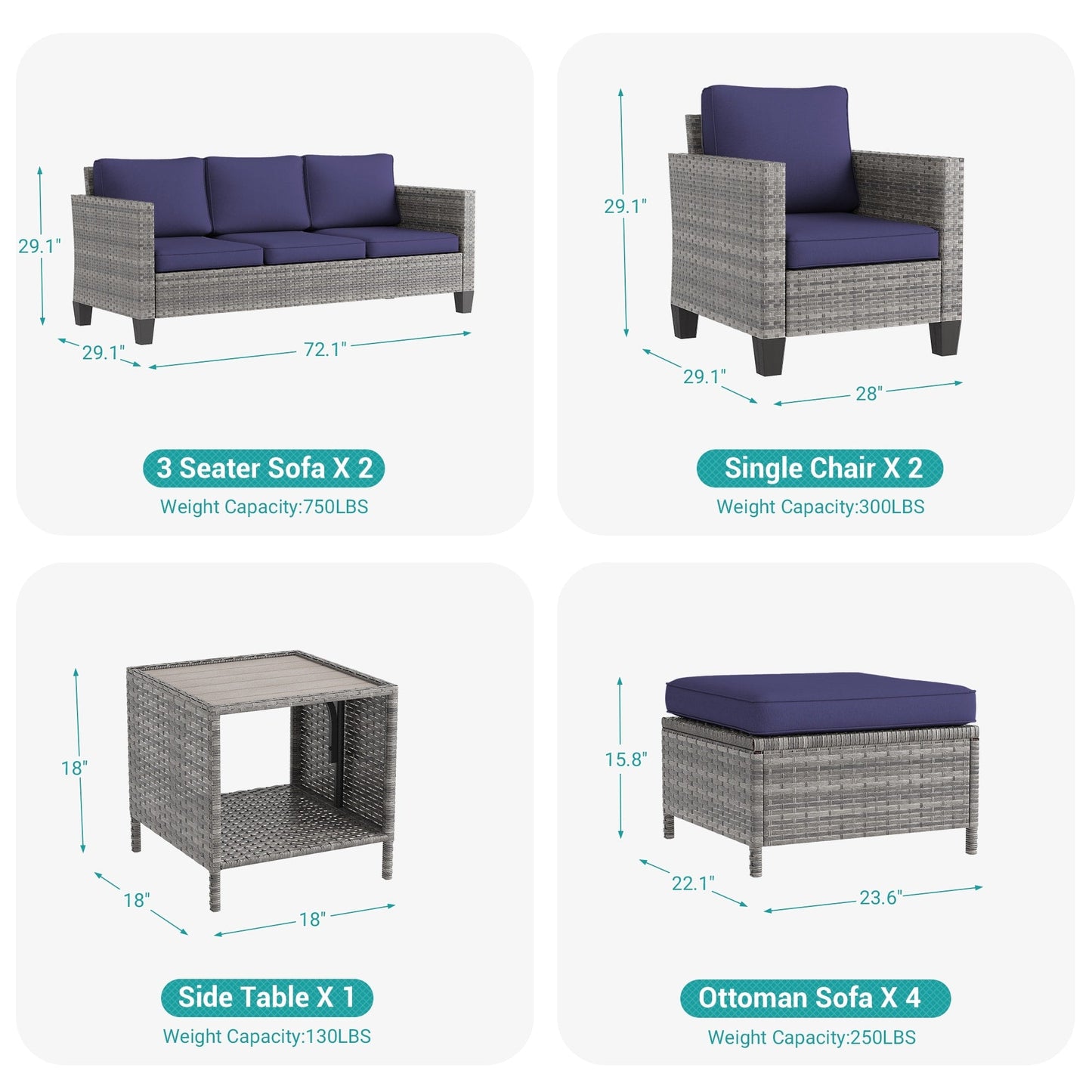 LIVOOSUN Set di 9 divani da giardino in vimini grigio PE con tavolo e pouf per mobili da esterno