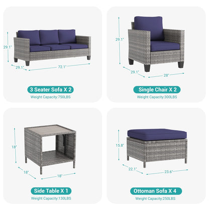 LIVOOSUN Set di 9 divani da giardino in vimini grigio PE con tavolo e pouf per mobili da esterno