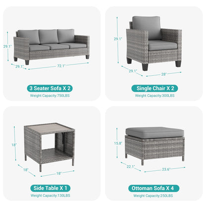 LIVOOSUN Set di 9 divani da giardino in vimini grigio PE con tavolo e pouf per mobili da esterno