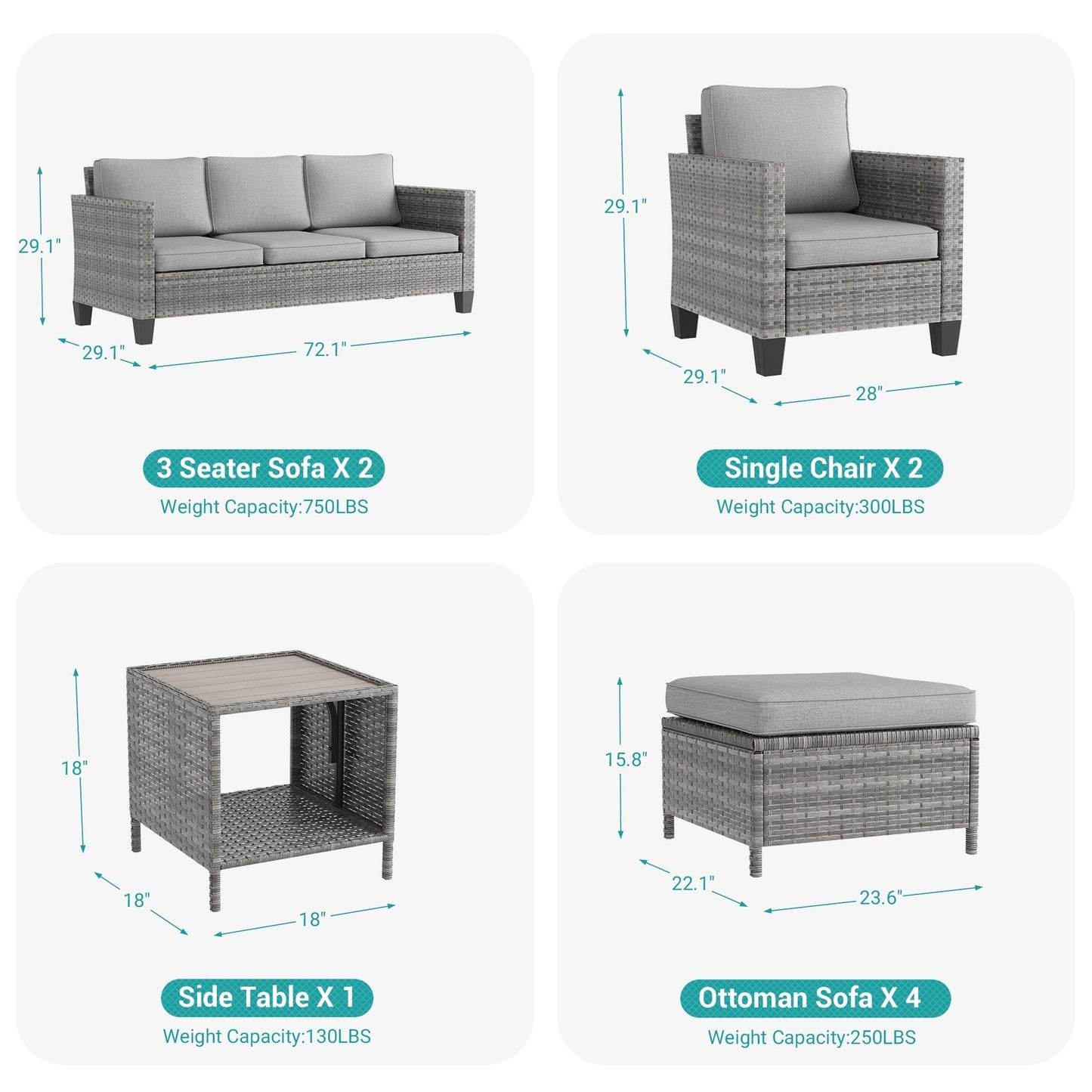 LIVOOSUN Set di 9 divani da giardino in vimini grigio PE con tavolo e pouf per mobili da esterno