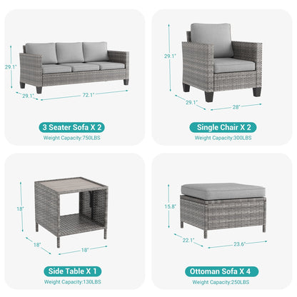 LIVOOSUN Set di 9 divani da giardino in vimini grigio PE con tavolo e pouf per mobili da esterno