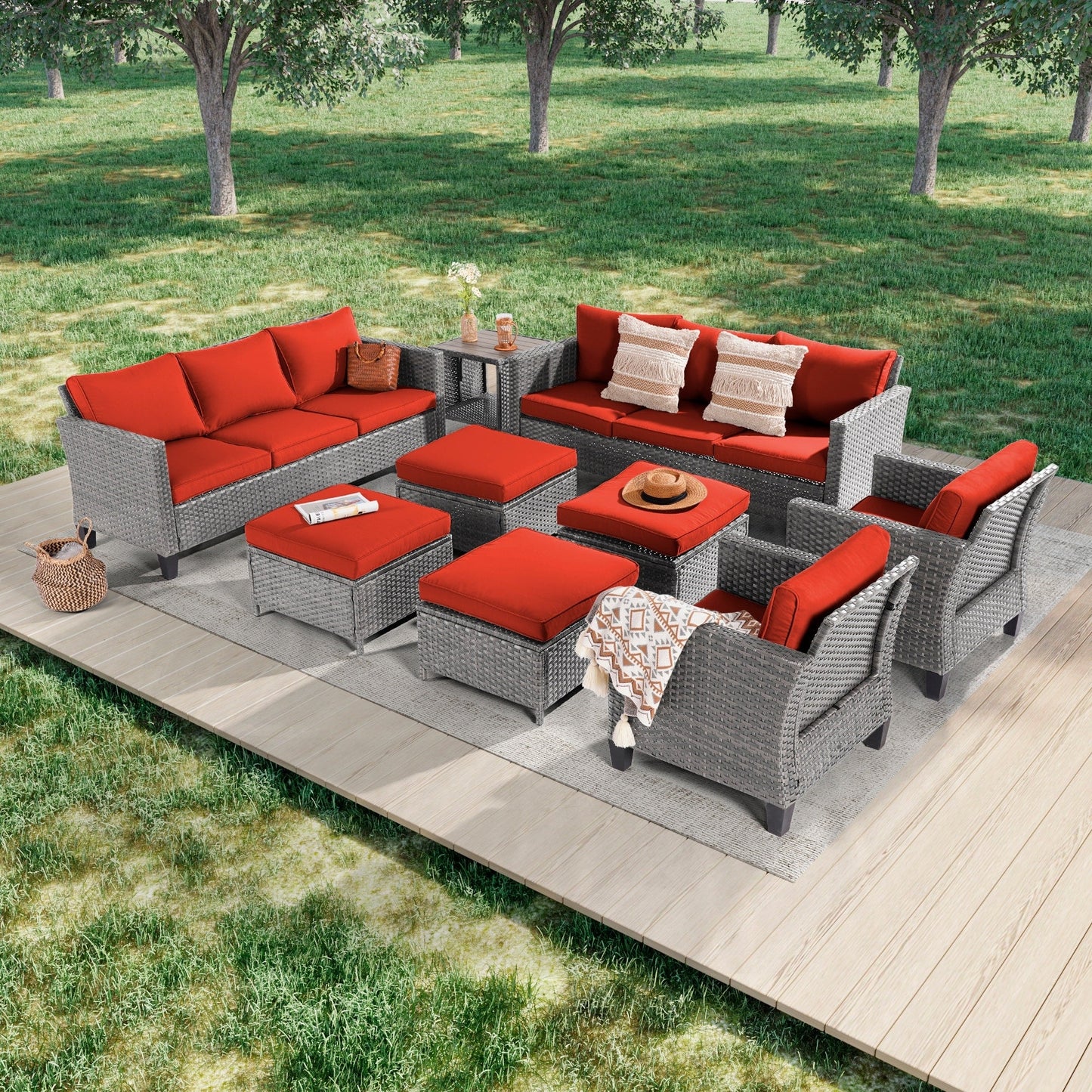 LIVOOSUN Set di 9 divani da giardino in vimini grigio PE con tavolo e pouf per mobili da esterno