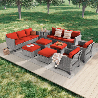 LIVOOSUN Set di 9 divani da giardino in vimini grigio PE con tavolo e pouf per mobili da esterno