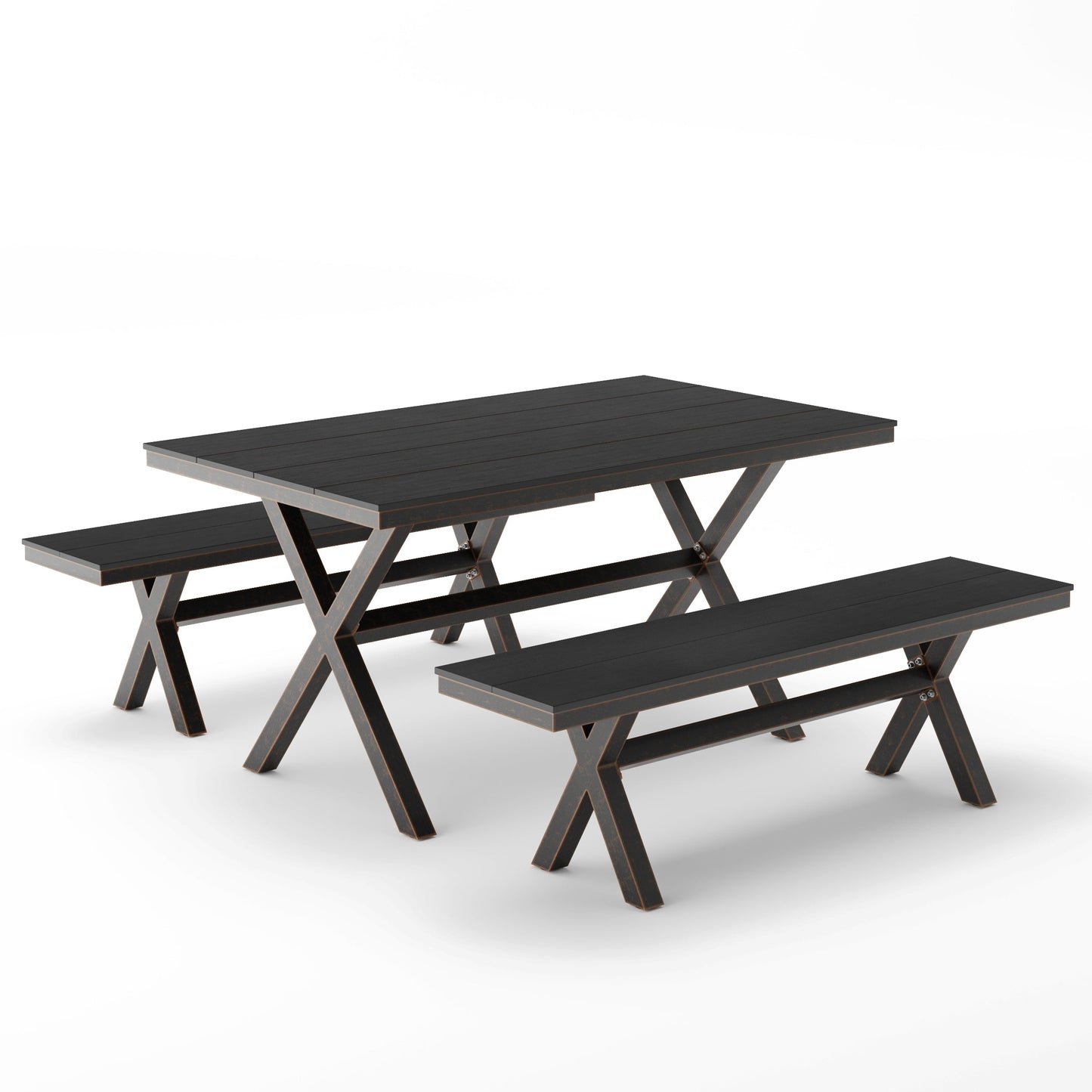 LUE BONA Set da pranzo rettangolare da esterno in alluminio, plastica e legno, 3 pezzi, con tavolo e 2 panche - 59,1'' LX 34,65'' WX 29,53'' H