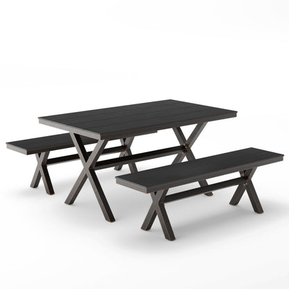 LUE BONA Set da pranzo rettangolare da esterno in alluminio, plastica e legno, 3 pezzi, con tavolo e 2 panche - 59,1'' LX 34,65'' WX 29,53'' H