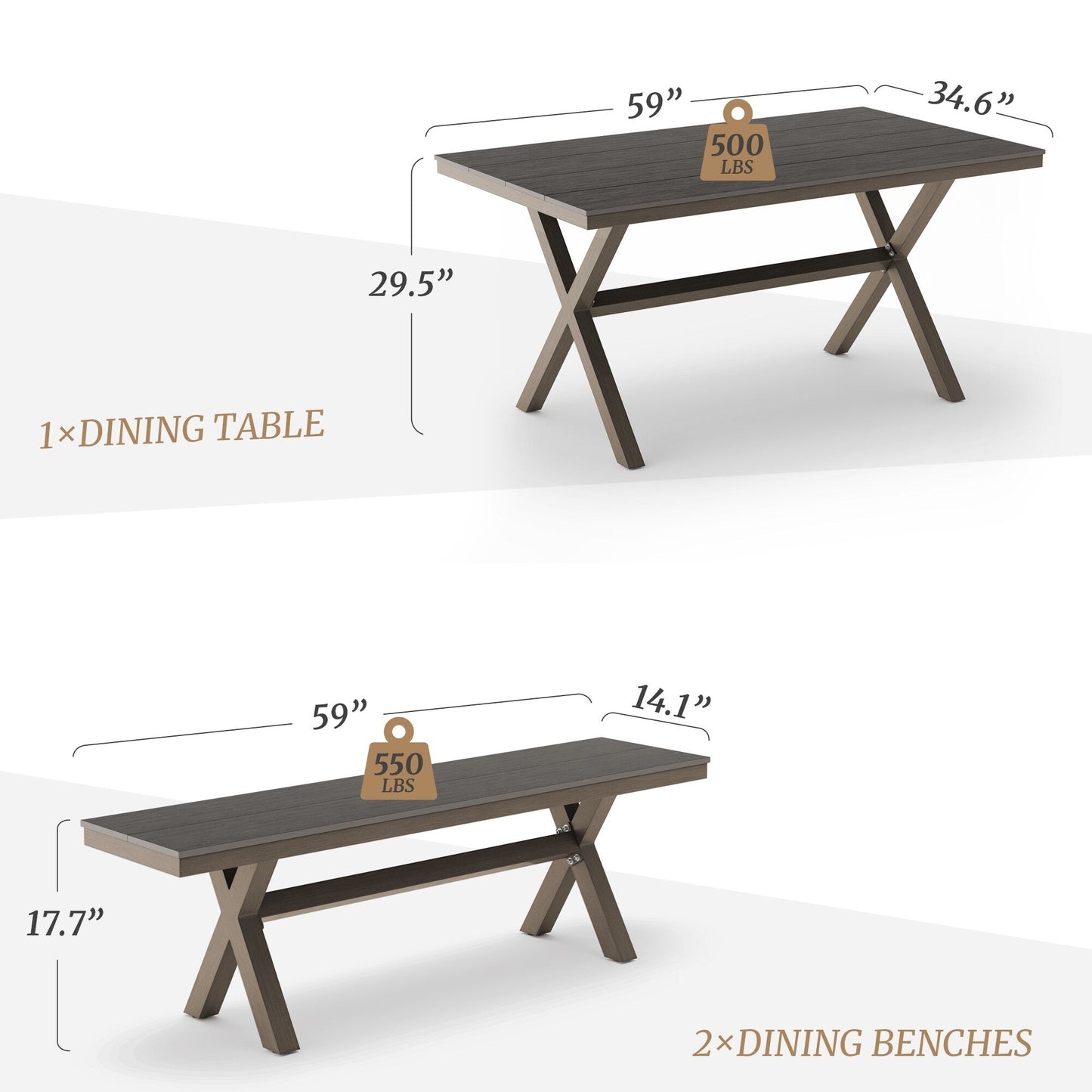 LUE BONA Set da pranzo rettangolare da esterno in alluminio, plastica e legno, 3 pezzi, con tavolo e 2 panche - 59,1'' LX 34,65'' WX 29,53'' H
