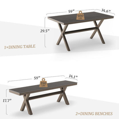 LUE BONA Set da pranzo rettangolare da esterno in alluminio, plastica e legno, 3 pezzi, con tavolo e 2 panche - 59,1'' LX 34,65'' WX 29,53'' H