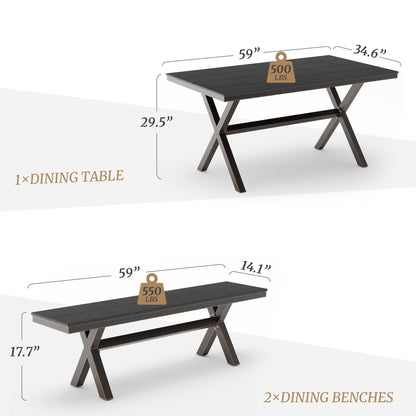 LUE BONA Set da pranzo rettangolare da esterno in alluminio, plastica e legno, 3 pezzi, con tavolo e 2 panche - 59,1'' LX 34,65'' WX 29,53'' H