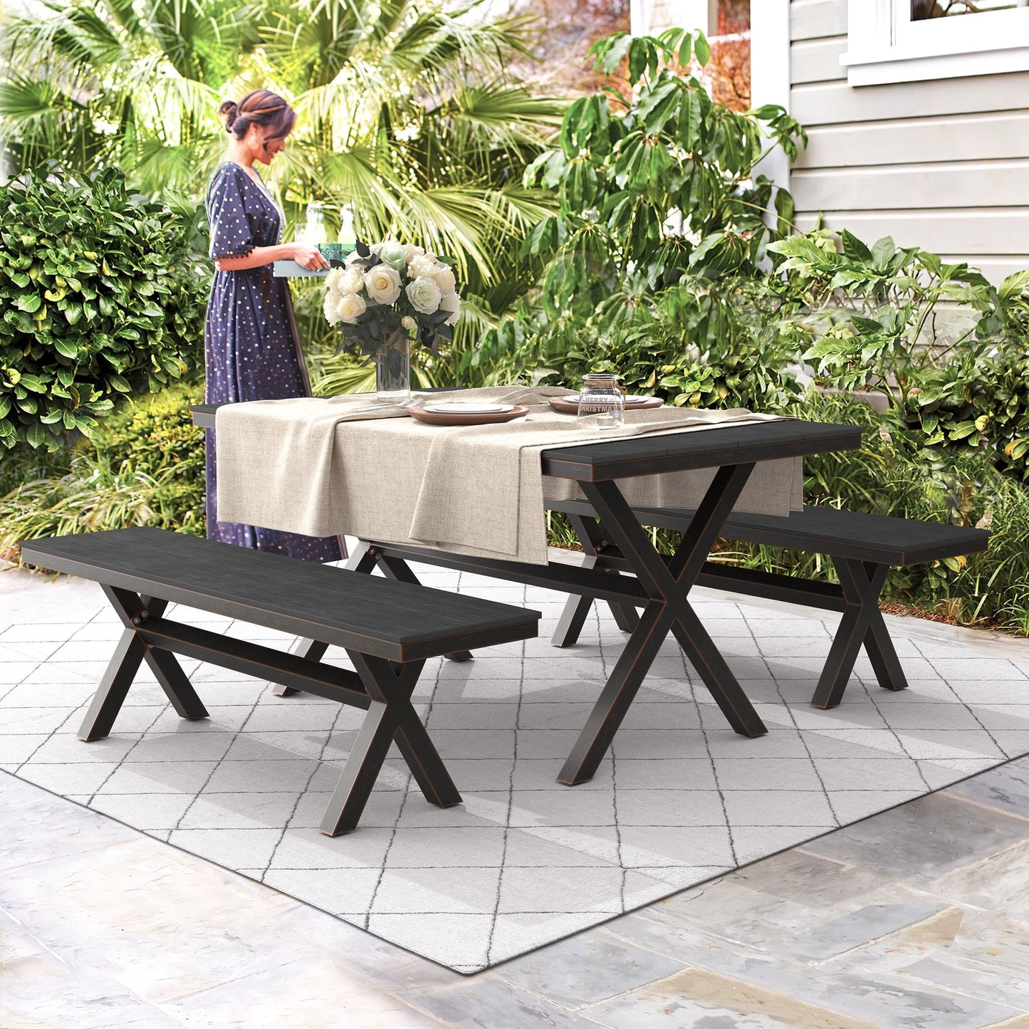 LUE BONA Set da pranzo rettangolare da esterno in alluminio, plastica e legno, 3 pezzi, con tavolo e 2 panche - 59,1'' LX 34,65'' WX 29,53'' H