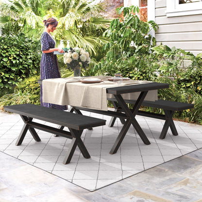 LUE BONA Set da pranzo rettangolare da esterno in alluminio, plastica e legno, 3 pezzi, con tavolo e 2 panche - 59,1'' LX 34,65'' WX 29,53'' H