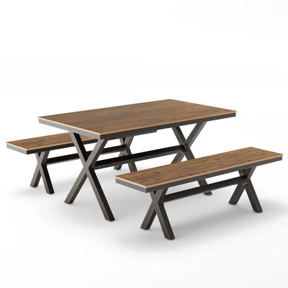 LUE BONA Set da pranzo rettangolare da esterno in alluminio, plastica e legno, 3 pezzi, con tavolo e 2 panche - 59,1'' LX 34,65'' WX 29,53'' H