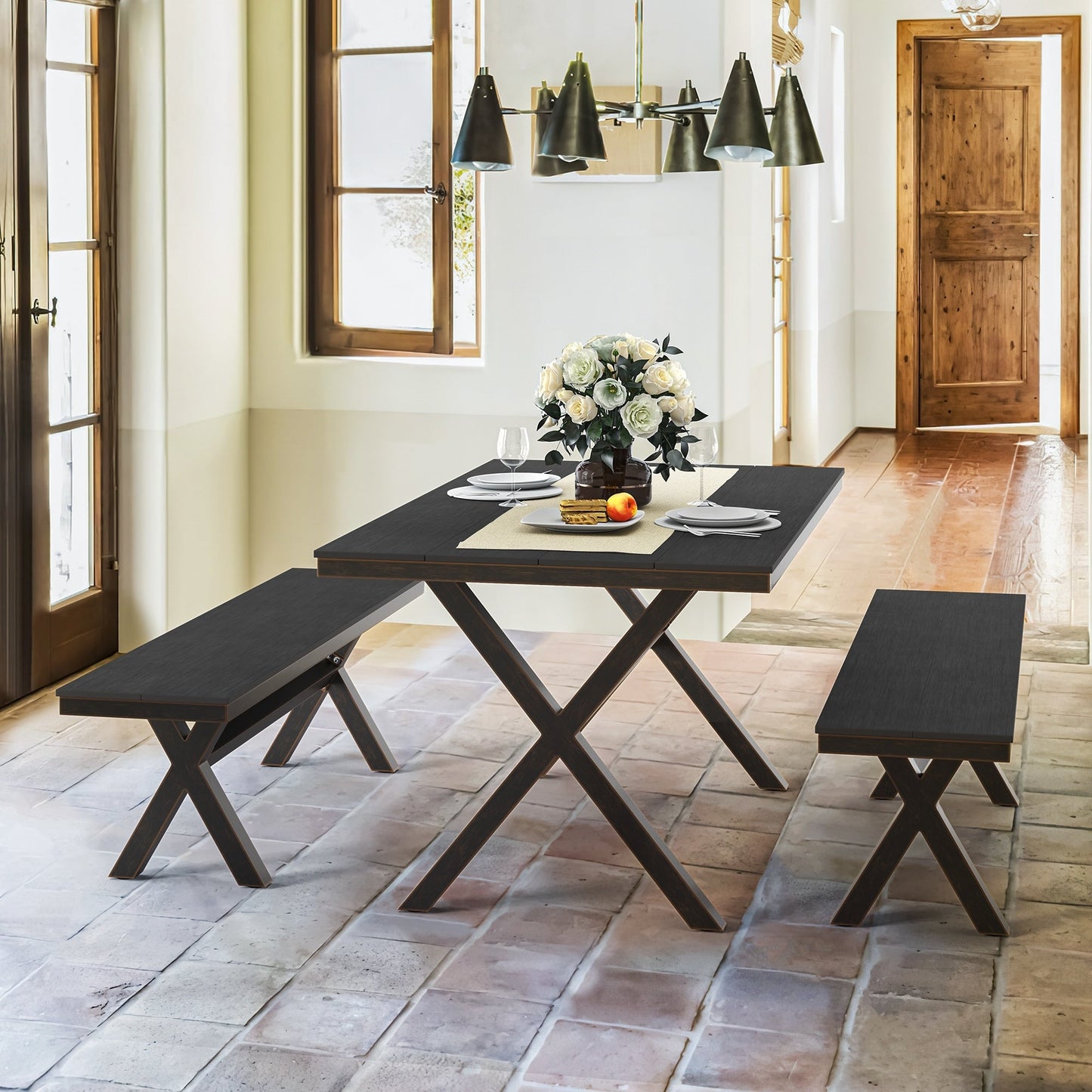 LUE BONA Set da pranzo rettangolare da esterno in alluminio, plastica e legno, 3 pezzi, con tavolo e 2 panche - 59,1'' LX 34,65'' WX 29,53'' H