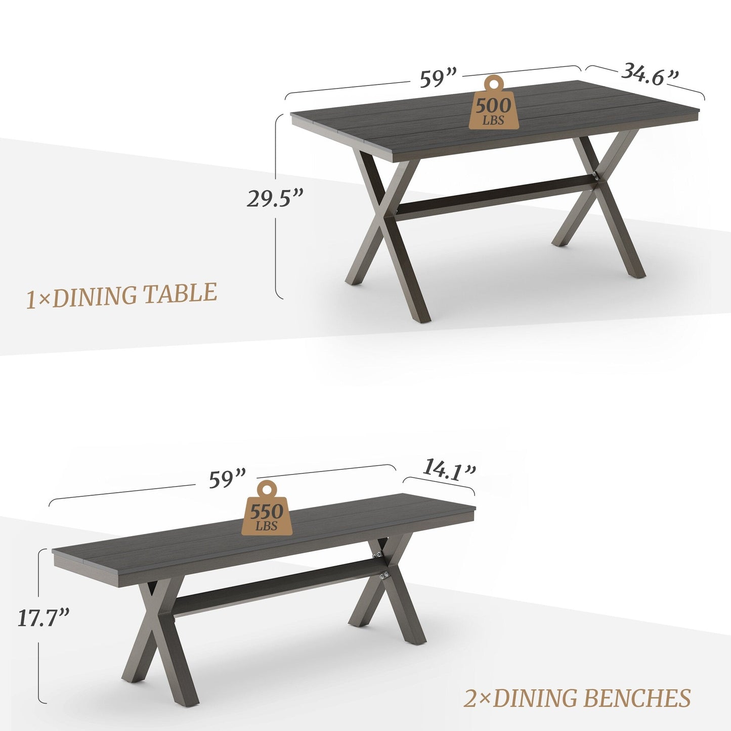 LUE BONA Set da pranzo rettangolare da esterno in alluminio, plastica e legno, 3 pezzi, con tavolo e 2 panche - 59,1'' LX 34,65'' WX 29,53'' H