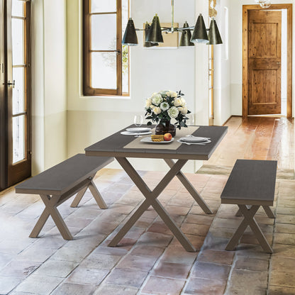 LUE BONA Set da pranzo rettangolare da esterno in alluminio, plastica e legno, 3 pezzi, con tavolo e 2 panche - 59,1'' LX 34,65'' WX 29,53'' H