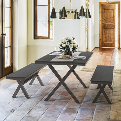 LUE BONA Set da pranzo rettangolare da esterno in alluminio, plastica e legno, 3 pezzi, con tavolo e 2 panche - 59,1'' LX 34,65'' WX 29,53'' H