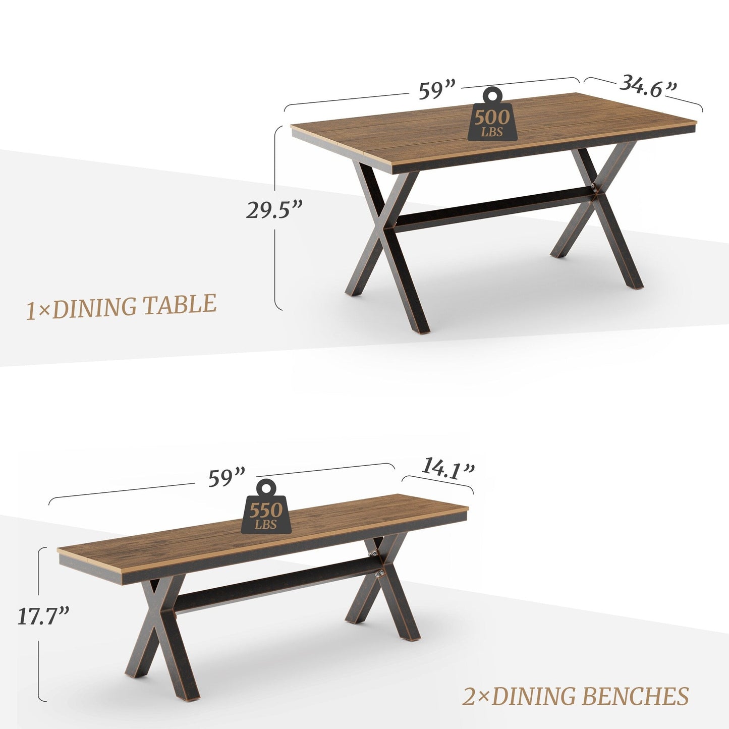 LUE BONA Set da pranzo rettangolare da esterno in alluminio, plastica e legno, 3 pezzi, con tavolo e 2 panche - 59,1'' LX 34,65'' WX 29,53'' H