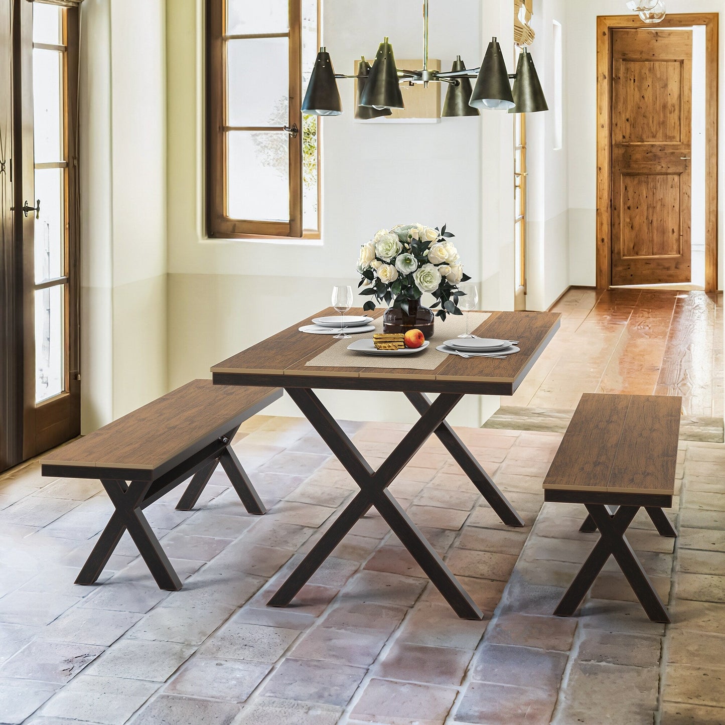 LUE BONA Set da pranzo rettangolare da esterno in alluminio, plastica e legno, 3 pezzi, con tavolo e 2 panche - 59,1'' LX 34,65'' WX 29,53'' H