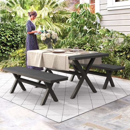 LUE BONA Set da pranzo rettangolare da esterno in alluminio, plastica e legno, 3 pezzi, con tavolo e 2 panche - 59,1'' LX 34,65'' WX 29,53'' H