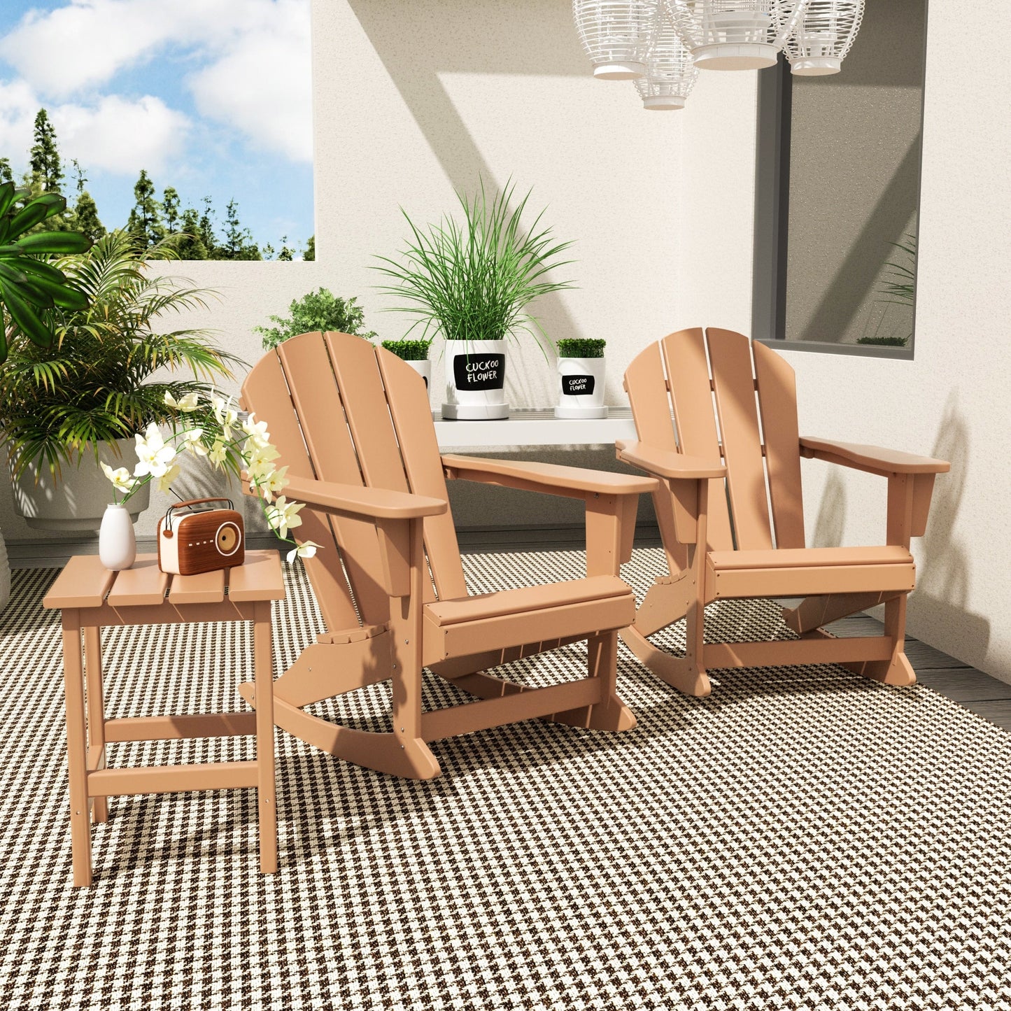 Sedie a dondolo da esterno per patio Polytrends Laguna HDPE adatte a tutte le stagioni con tavolino laterale (set da 3 pezzi)