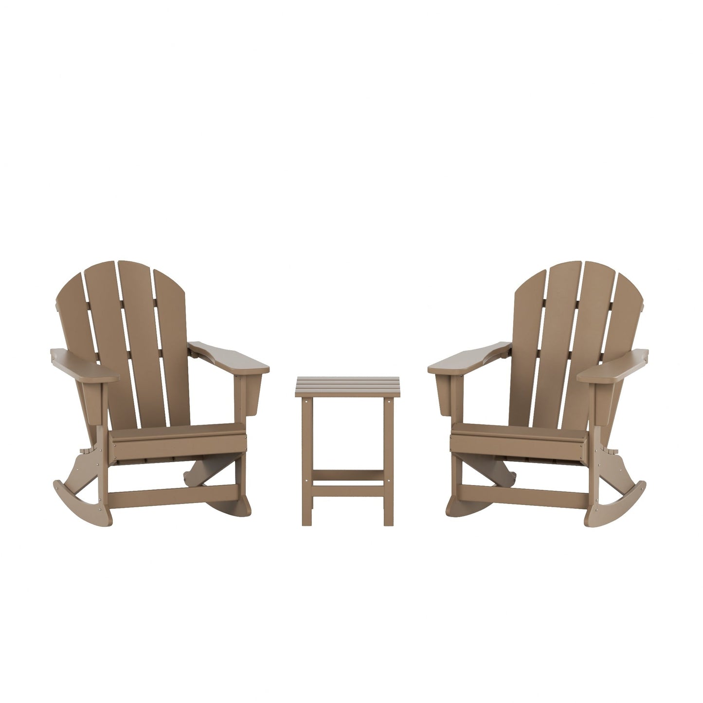 Sedie a dondolo da esterno per patio Polytrends Laguna HDPE adatte a tutte le stagioni con tavolino laterale (set da 3 pezzi)