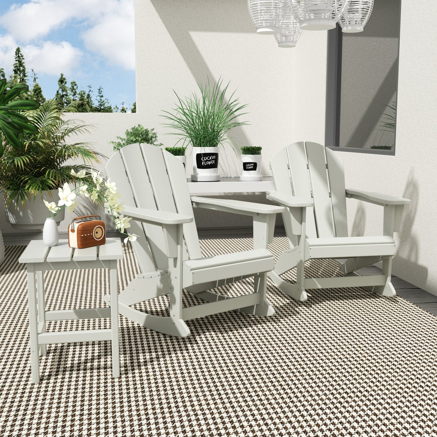 Sedie a dondolo da esterno per patio Polytrends Laguna HDPE adatte a tutte le stagioni con tavolino laterale (set da 3 pezzi)