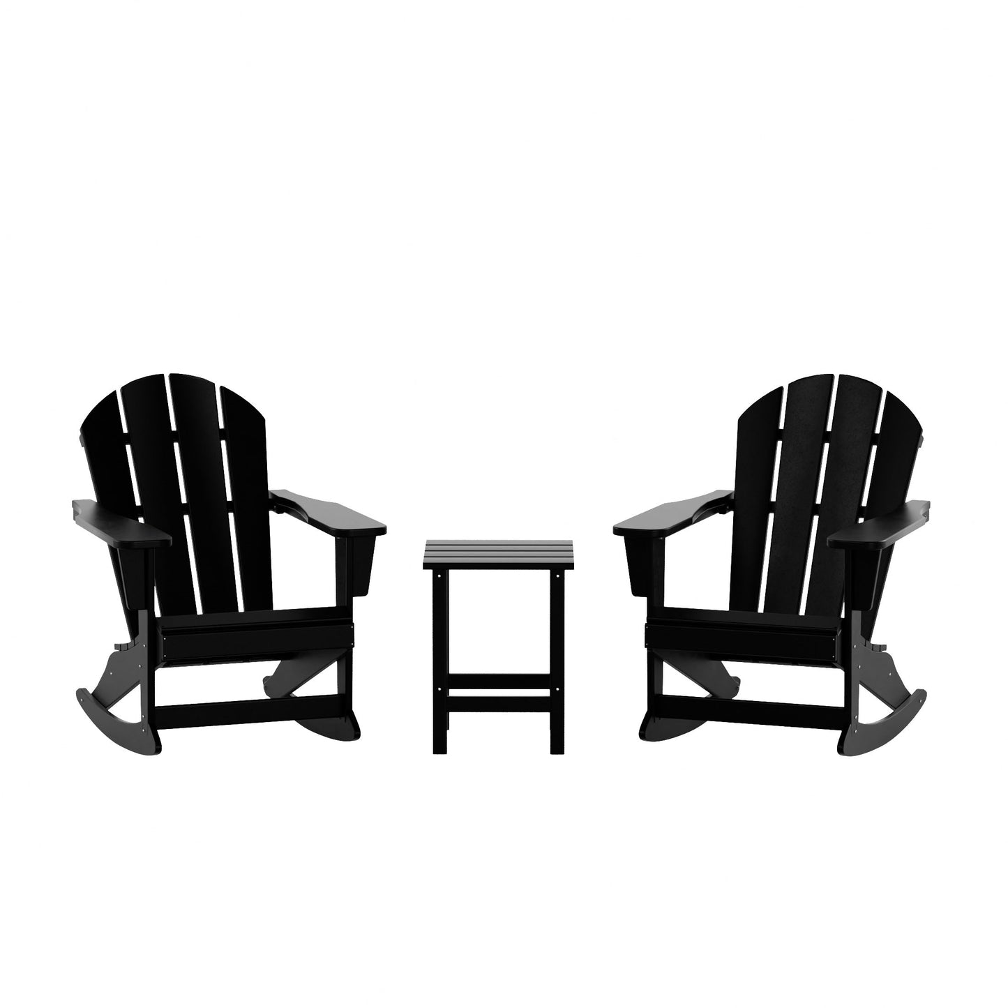 Sedie a dondolo da esterno per patio Polytrends Laguna HDPE adatte a tutte le stagioni con tavolino laterale (set da 3 pezzi)