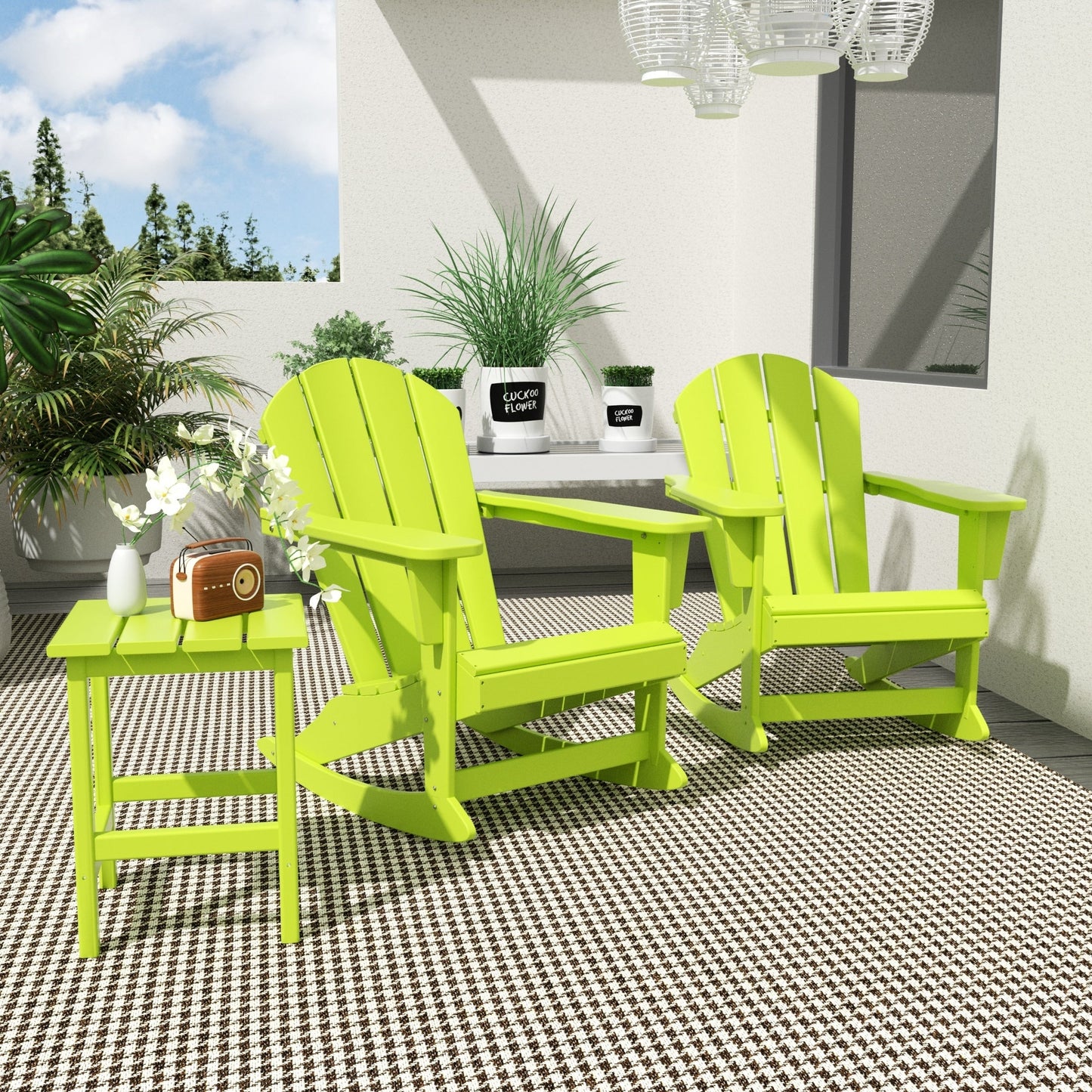 Sedie a dondolo da esterno per patio Polytrends Laguna HDPE adatte a tutte le stagioni con tavolino laterale (set da 3 pezzi)