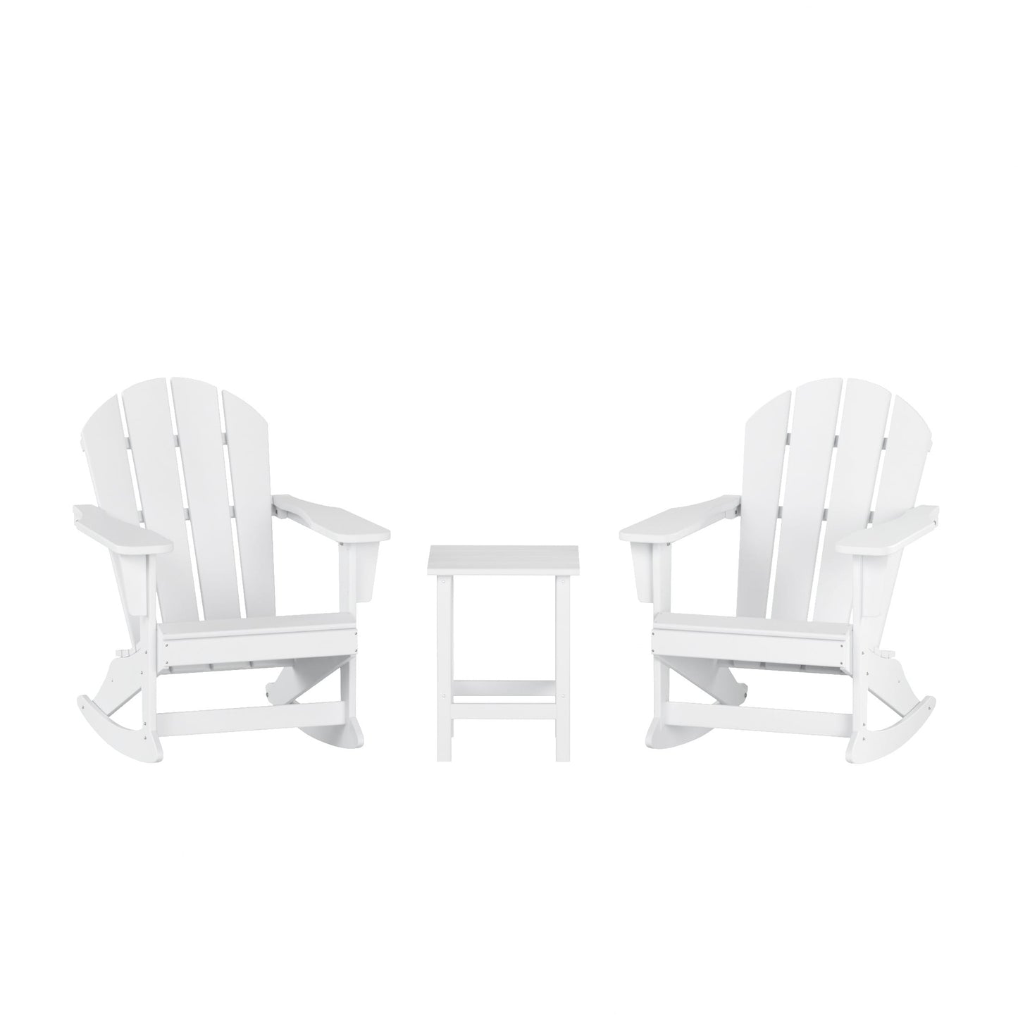 Sedie a dondolo da esterno per patio Polytrends Laguna HDPE adatte a tutte le stagioni con tavolino laterale (set da 3 pezzi)