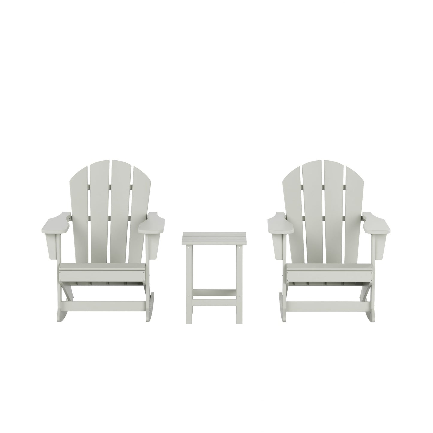 Sedie a dondolo da esterno per patio Polytrends Laguna HDPE adatte a tutte le stagioni con tavolino laterale (set da 3 pezzi)