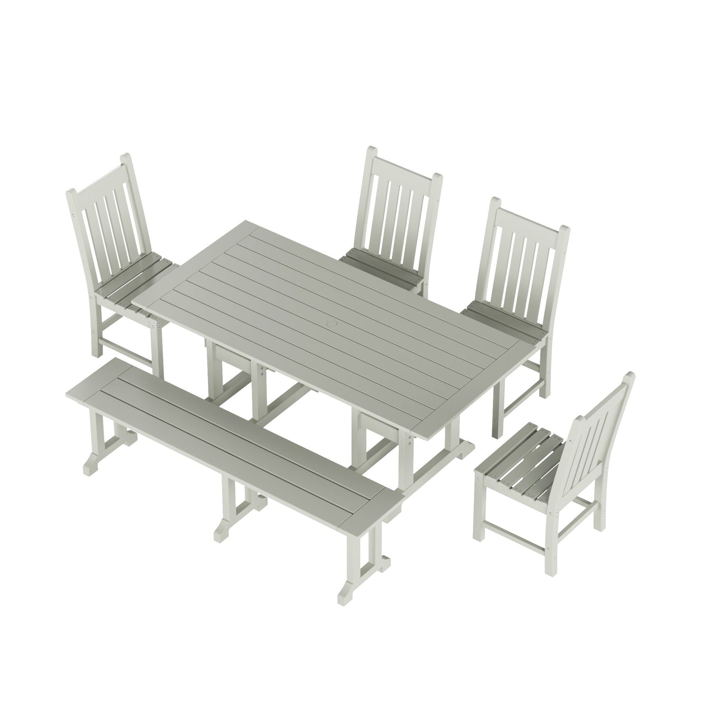 Set da pranzo per esterni Polytrends Laguna HDPE per tutte le stagioni con tavolo rettangolare, sedie laterali e panca (set da 6 pezzi)